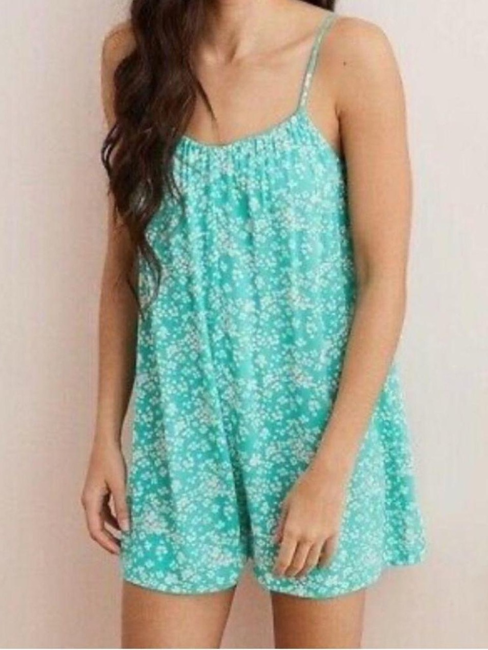 aerie Aqua & White Floral Spaghetti-Strap Romper